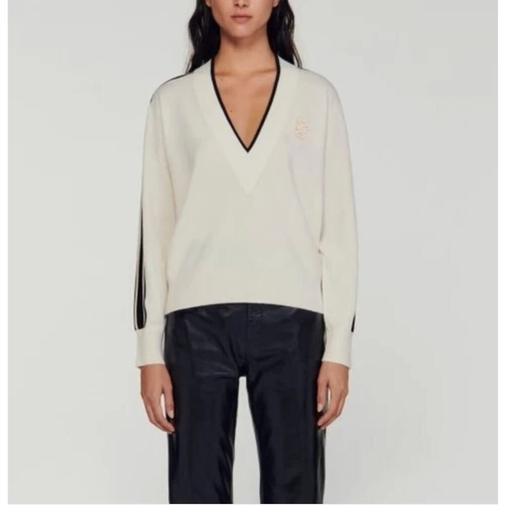 Sandro Sully ecru wool cashmere V‑neck sweater black stripes size 1 (small)